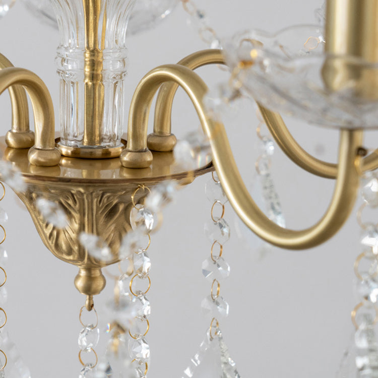 Candelabro de Cristal Redondo Francés Tradicional de Rama Completa de Latón Vidrio 5/6/8 Luces para Sala de Estar 