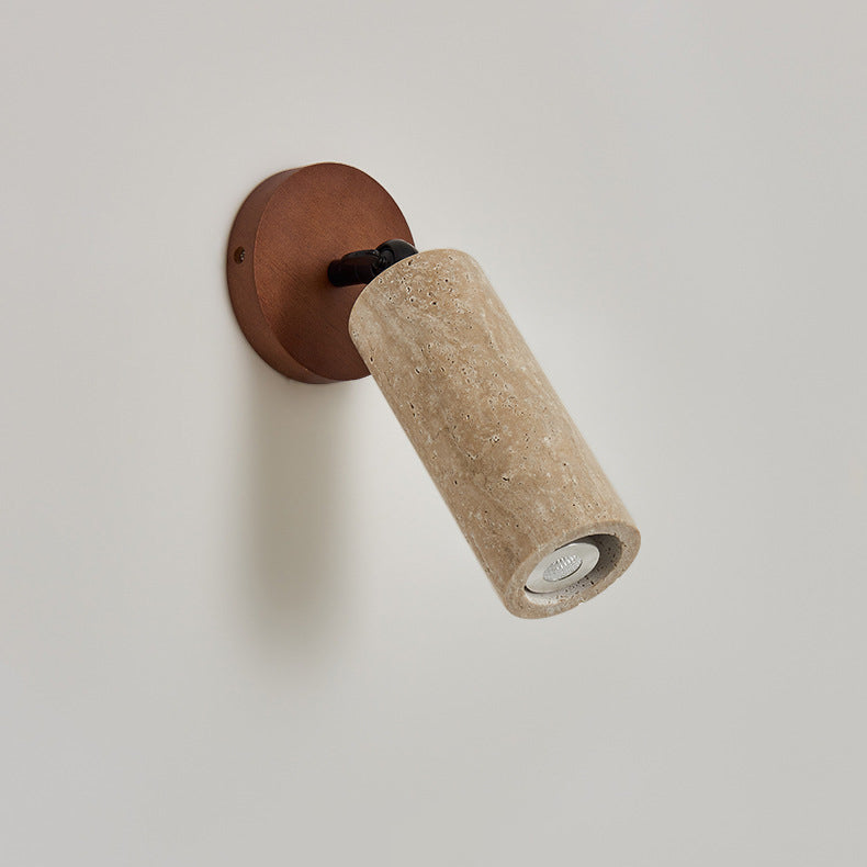 Traditional Japanese Yellow Travertine Walnut Cylindrical Spotlight 1-Light Wall Sconce Lamp For Bedroom