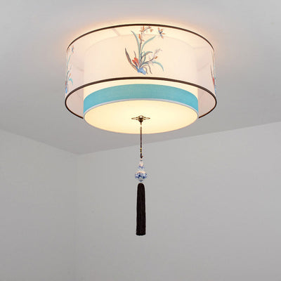 Pantalla de tela bordada de hierro chino tradicional de 4 luces para techo empotrado para dormitorio 