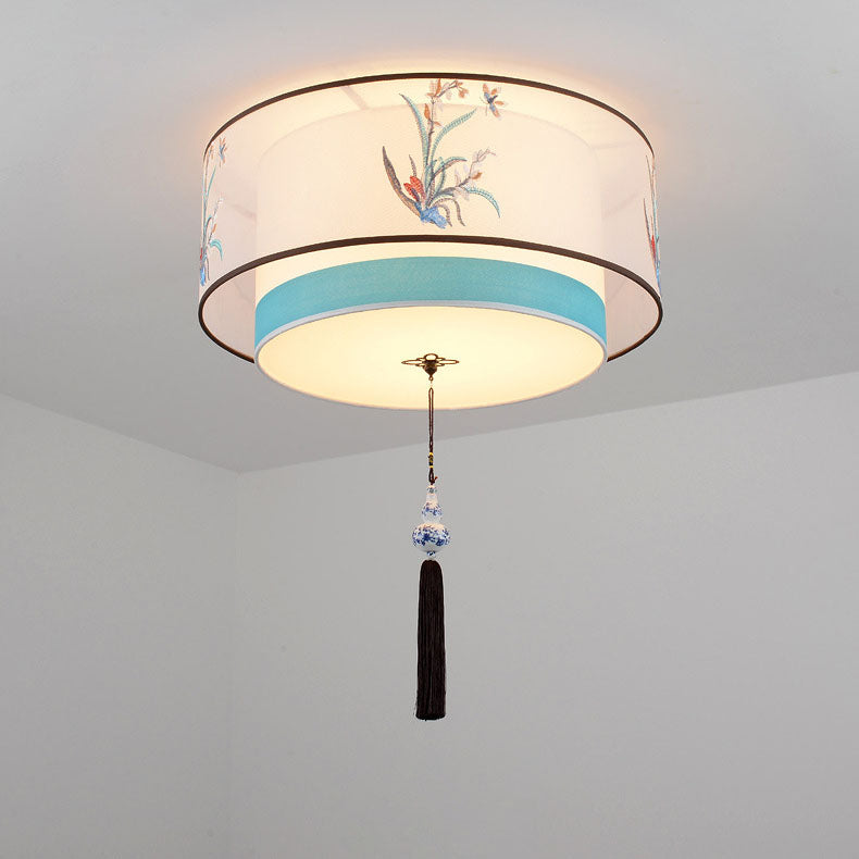 Pantalla de tela bordada de hierro chino tradicional de 4 luces para techo empotrado para dormitorio 