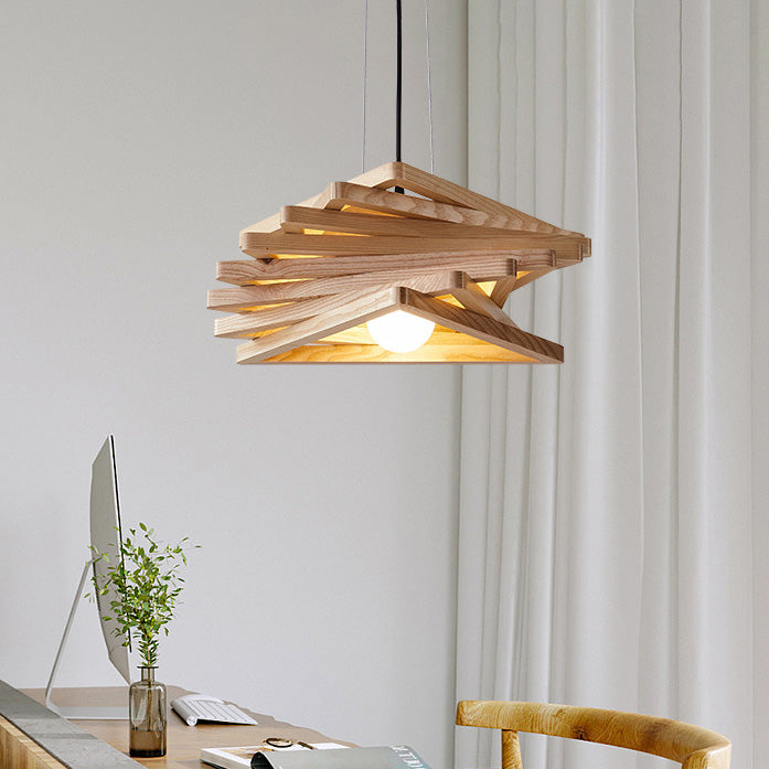 Traditional Japanese Wood Triangle Splicing Swirl 1-Light Pendant Light For Dining Room