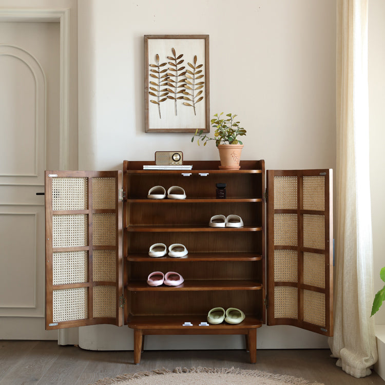 Traditional Vintage Rectangular Ash Wood Indonesian Rattan Shoe Storage 5-Tier For Entryways