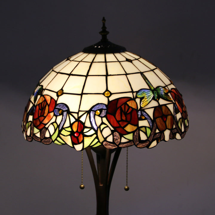 Lampe de sol traditionnelle Tiffany en résine avec dôme semi-circulaire en verre, motif de vache et fleur en diamant à 2 lumières pour salle à manger 
