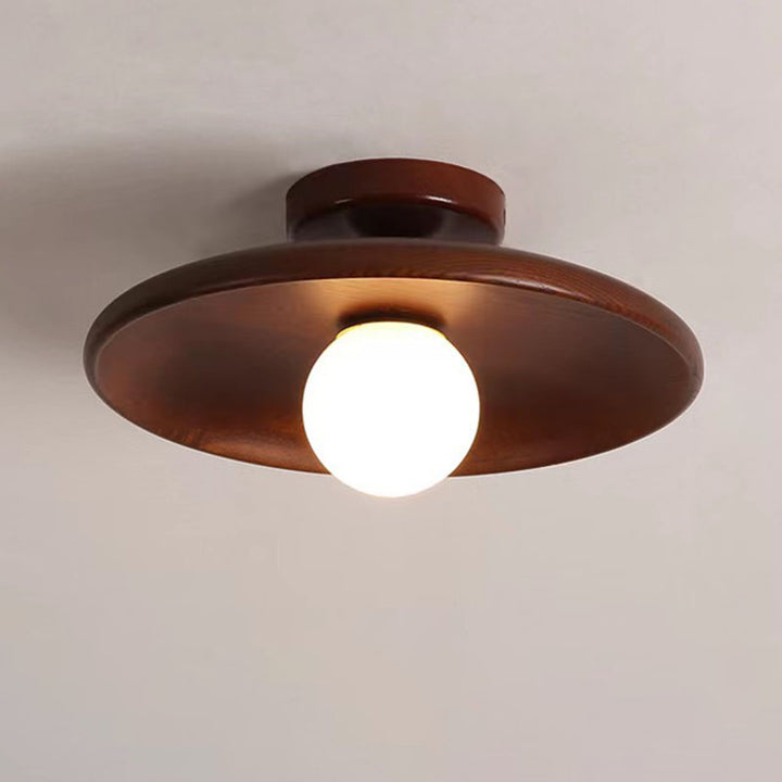 Modern Simplicity Rubberwood Glass Round 1-Light Semi-Flush Mount Ceiling Light For Hallway