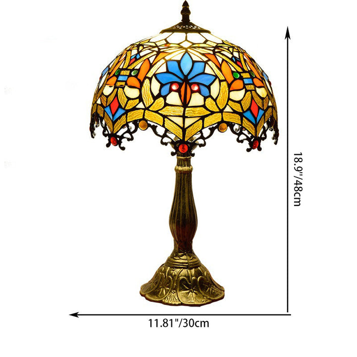 Traditional Vintage Flower Gemstone Stained Glass 1-Light Table Lamp For Living Room