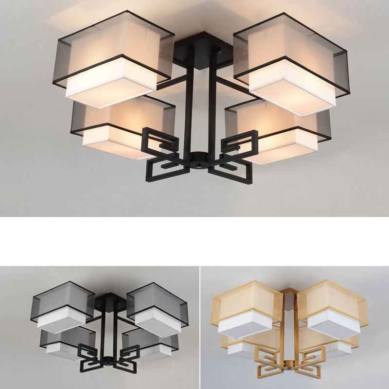 Modern Chinese Fabric Square Geometric Hardware 4-Light Semi-Flush Mount Ceiling Light