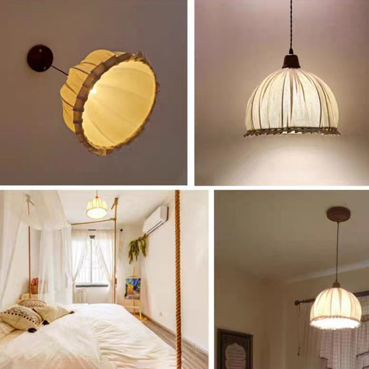 Zeitgenössische Retro Halbkugelförmige Spitze Massivholz Stoff 1-Licht Pendelleuchte Für Schlafzimmer 