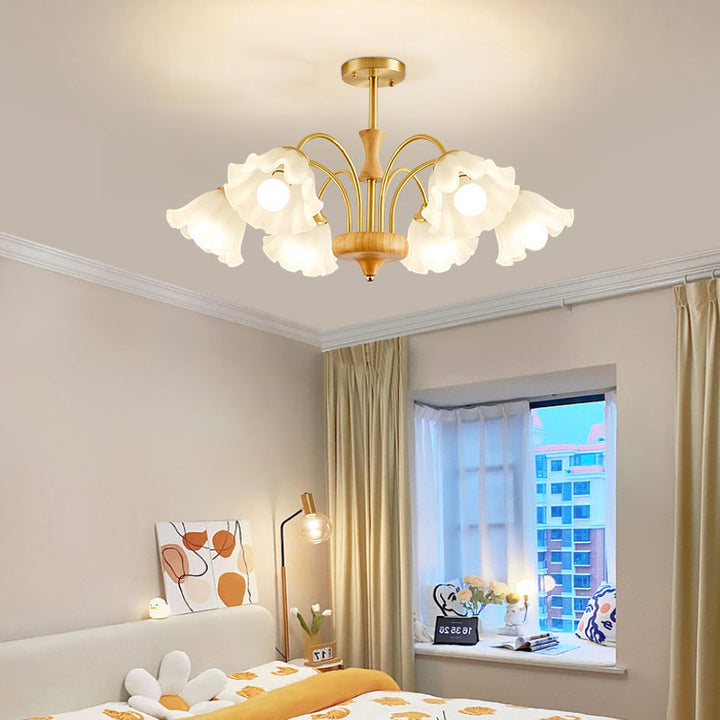 Lámpara de araña tradicional francesa redonda de cobre con vidrio y madera con 4/6/8 luces para sala de estar 