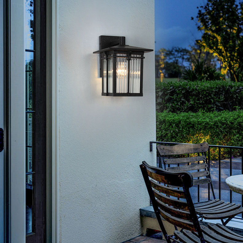 Contemporary Industrial Aluminum Rectangular Frame Ribbed Glass Shade 1-Light Wall Sconce Lamp For Outdoor Patio