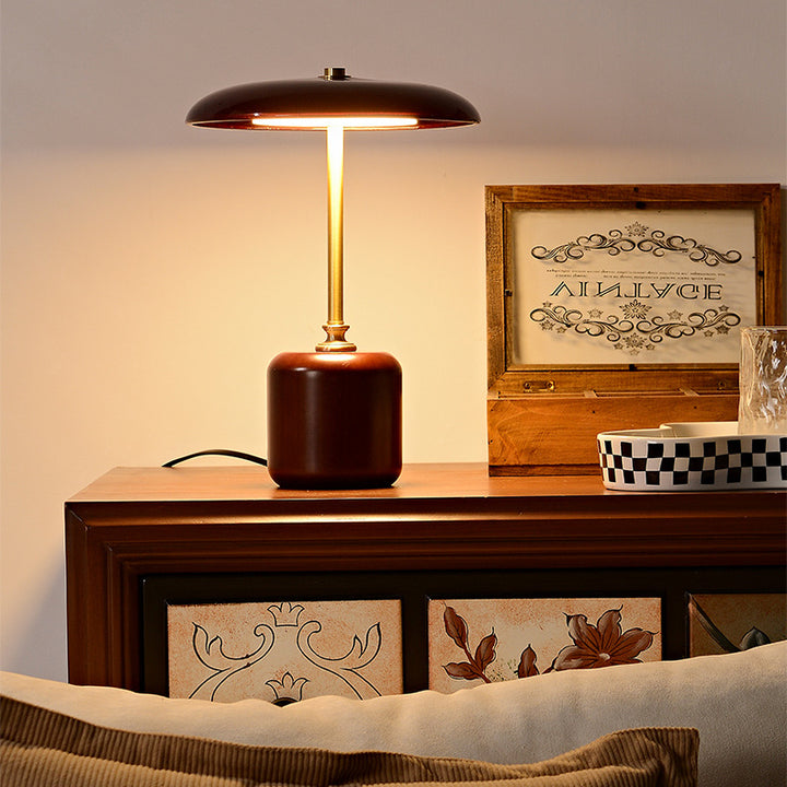 Lámpara de Mesa LED Cilíndrica Redonda de Latón Retro Contemporáneo con Madera y Vidrio para la Mesita de Noche 