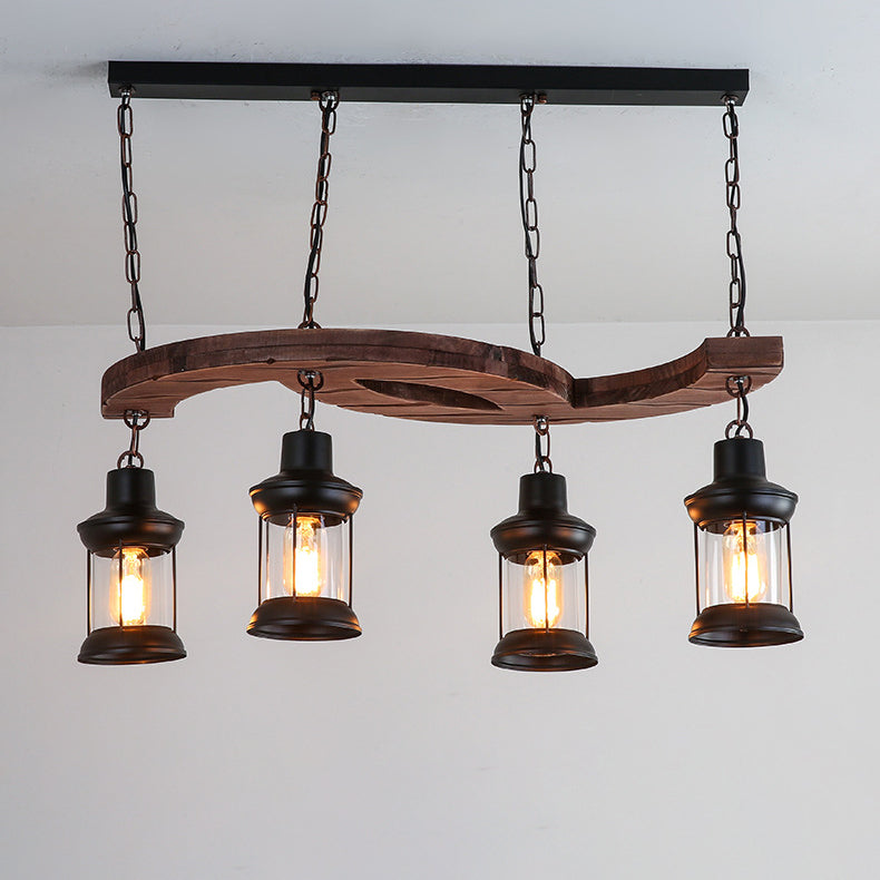 Traditional Japanese Wood Double Moon Design Iron Glass Bottle Shade 4-Light Island Light Chandelier For Dining Room