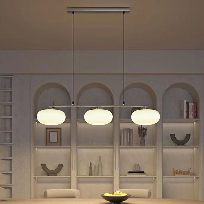 Moderner minimalistischer langer Kronleuchter aus Persimmonglas und Eisen mit 3 Lichtern für das Esszimmer 