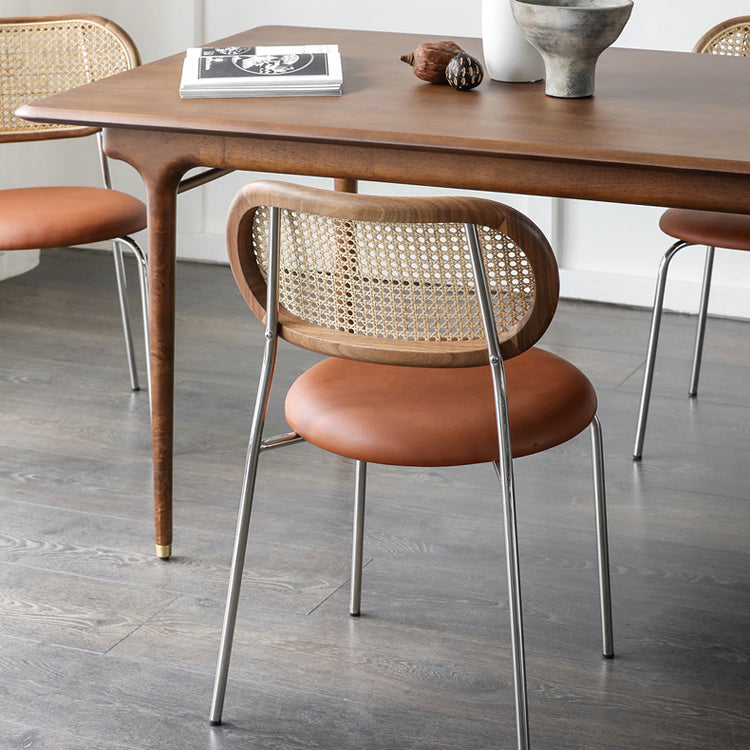 Contemporary Nordic Round PU Leather Wood Rattan Chair Backrest For Living Room