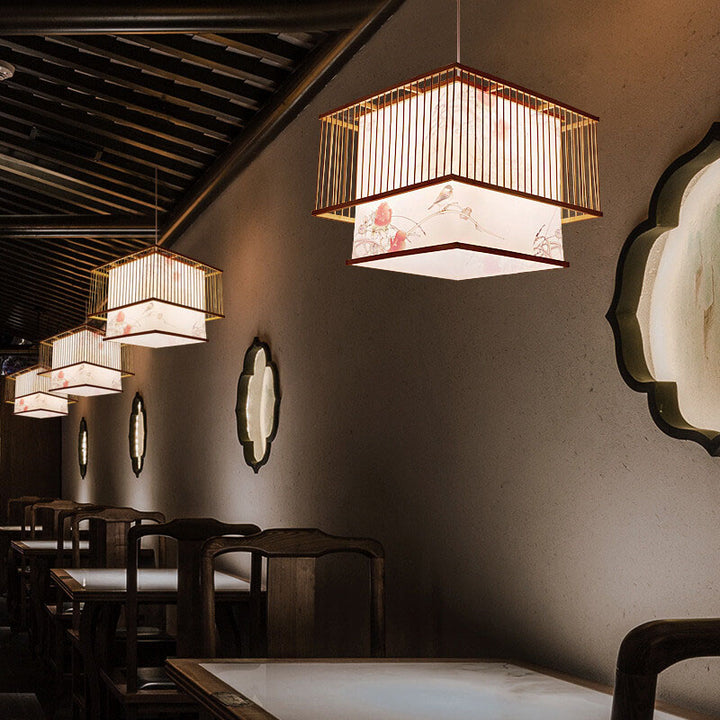 Lampe suspendue moderne chinoise simple à 1 lumière carrée en bambou 