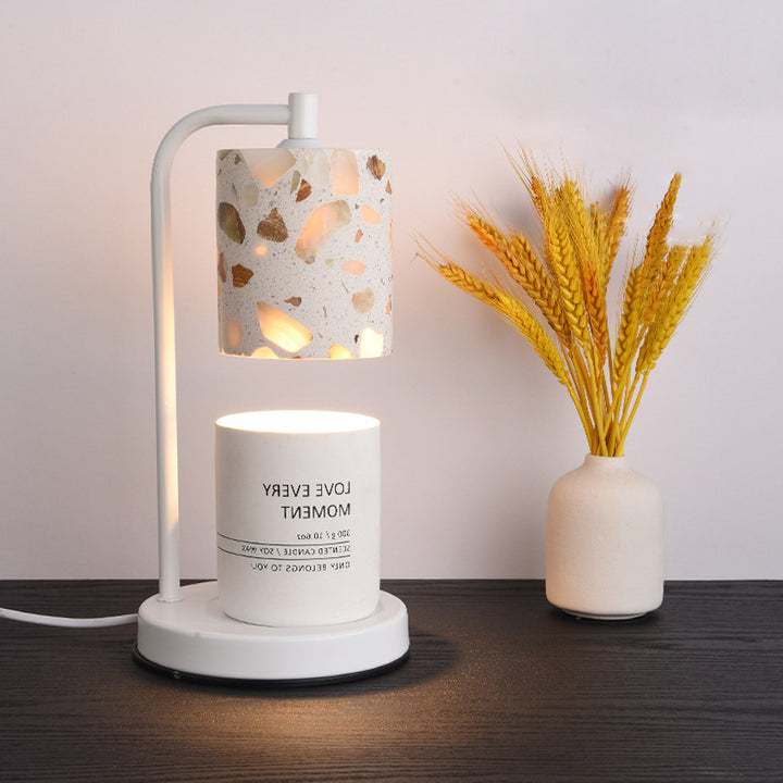 Lámpara de mesa de cera derretida de aromaterapia de 1 luz de piedra de hierro con base de disco cilíndrico minimalista moderno para dormitorio 