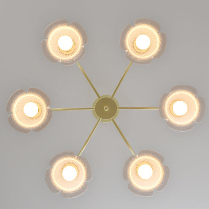 Moderner Art-Deco-Kronleuchter mit Eisenrahmen und PLA-Glocken-Orchideen-Blumenschirm, 3/5/6 Lichter, für Wohnzimmer 