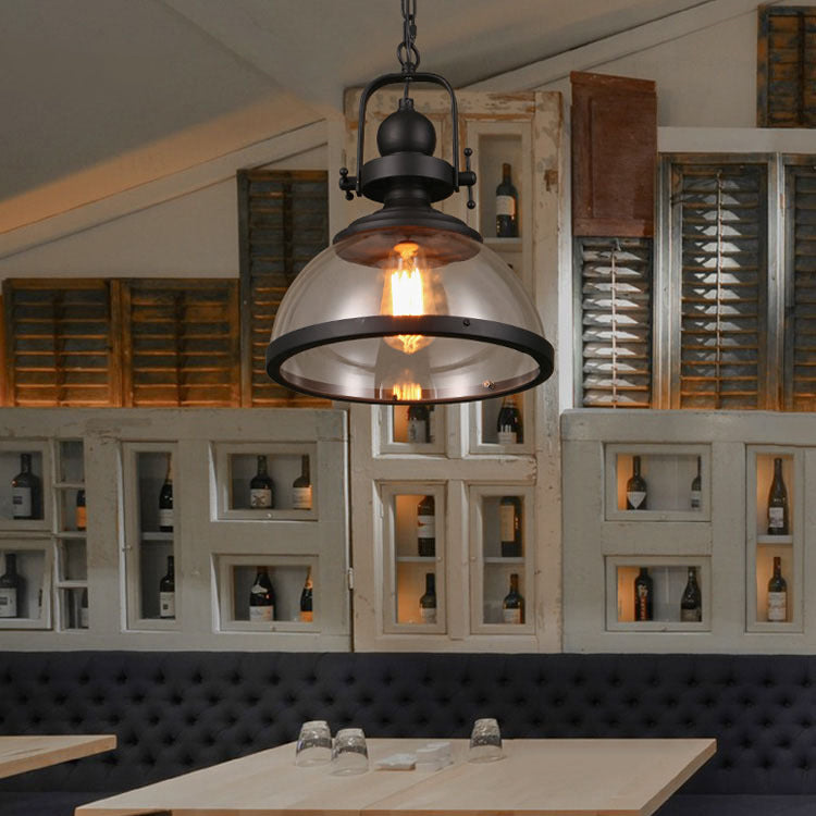 Zeitgenössische industrielle Kuppel Eisen Glas 1-Licht Pendelleuchte für Wohnzimmer 