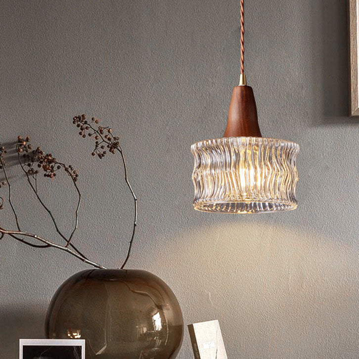 Moderne Übergangswalnuss Messing Runde Glasschirm 1-Licht Pendelleuchte Für Wohnzimmer 