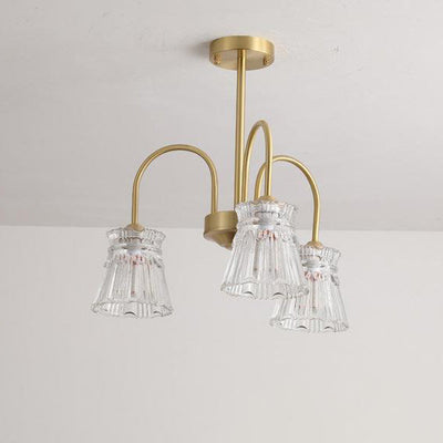Zeitgenössische Retro gebogene Stange Blume Tasse Kupfer Glas 3/5/6 Licht Kronleuchter für Wohnzimmer 