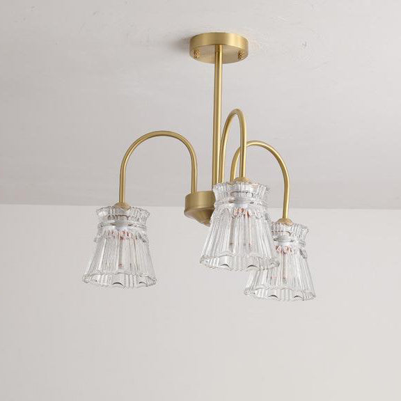 Zeitgenössische Retro gebogene Stange Blume Tasse Kupfer Glas 3/5/6 Licht Kronleuchter für Wohnzimmer 