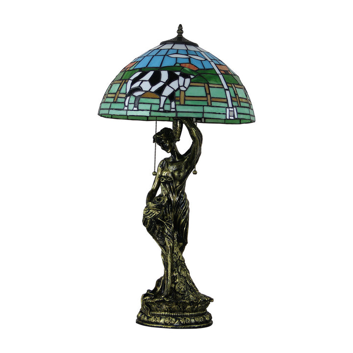 Lampe de table à 2 lumières avec base de femme jolie en forme de vache en diamant de raisin en dôme de verre en résine Tiffany traditionnel pour chevet 