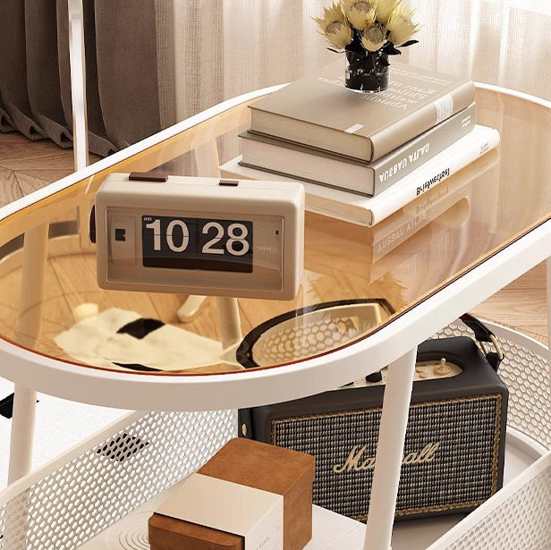 Moderner elliptischer Glaseisen-Beistelltisch mit 2 Ebenen für das Wohnzimmer 