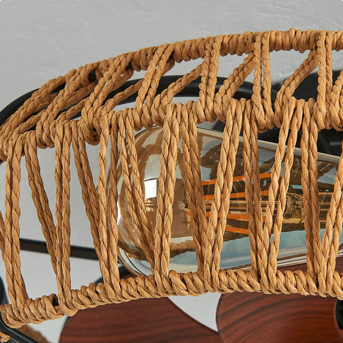 Traditional Rustic Round Drum Iron Hemp Rope 4-Light Semi-Flush Mount Ceiling Fan Light For Bedroom
