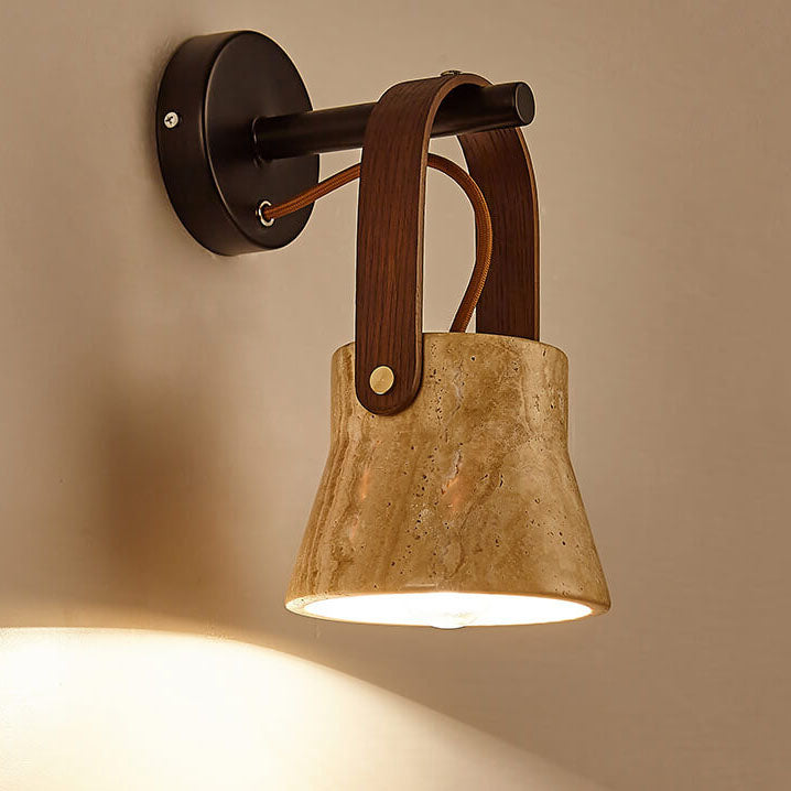 Japanese Retro Walnut Yellow Travertine Round 1-Light Wall Sconce Lamp