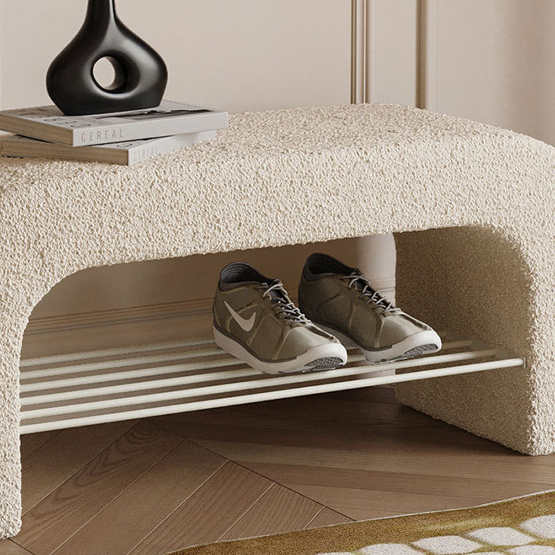 Banc de rangement moderne minimaliste en agneau rectangulaire long en cuir PU avec fer, 1 étagère pour les entrées 