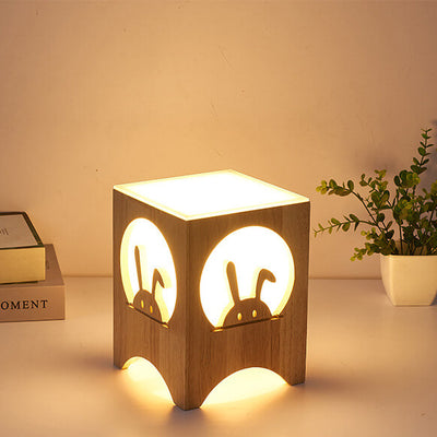 Japanese Harajuku Solid Wood Hollow Pattern Cube Acrylic 1-Light Table Lamp