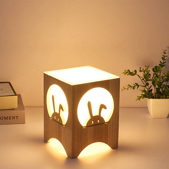 Japanese Harajuku Solid Wood Hollow Pattern Cube Acrylic 1-Light Table Lamp