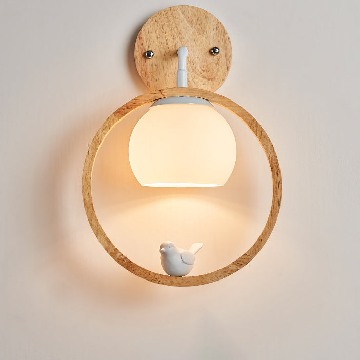 Zeitgenössische skandinavische runde Vogel Holz Glas 1-Licht Wandleuchte Lampe für Schlafzimmer 
