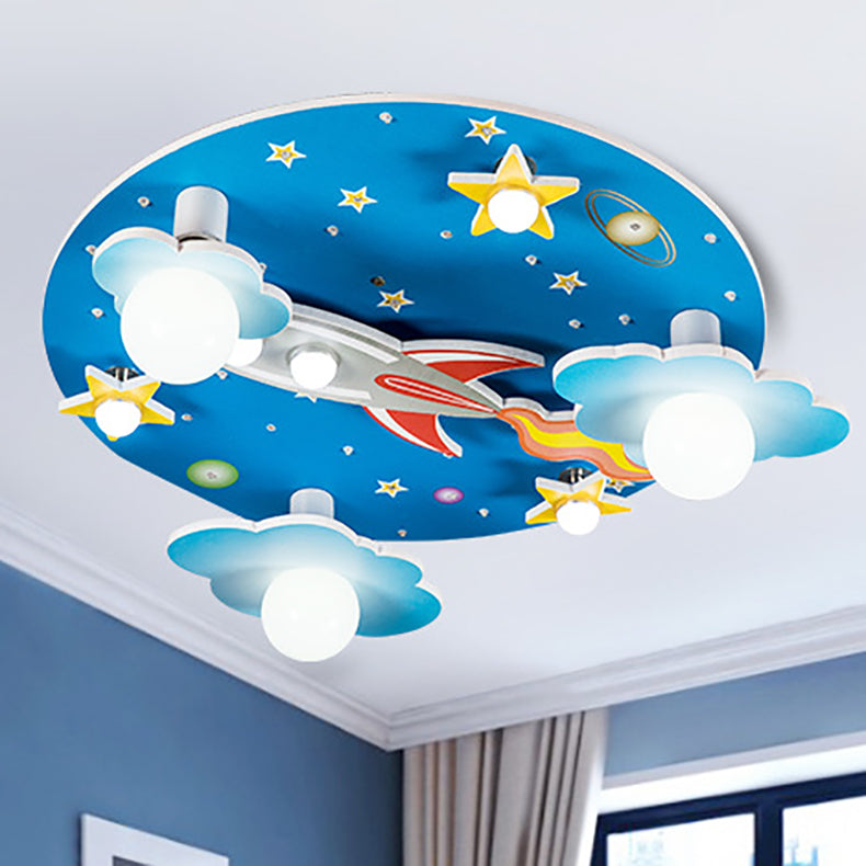 Moderna lámpara de techo LED de estilo Art Deco para niños con cohete redondo de madera y plástico y cielo estrellado para dormitorio 