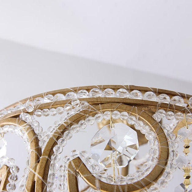 Traditional French Crystal Bead Strings Bowl Gold Iron 5-Light Semi-Flush Mount Ceiling Light For Living Room