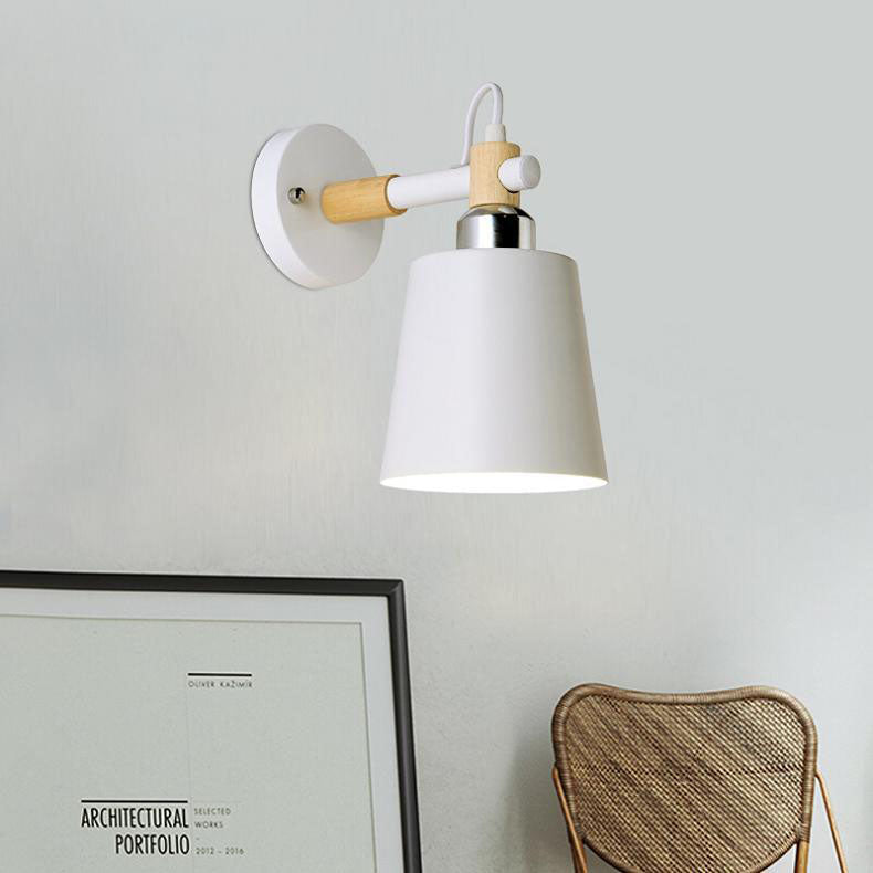 Contemporary Scandinavian Cylindrical Wooden Iron 1-Light Wall Sconce Lamp For Bedroom