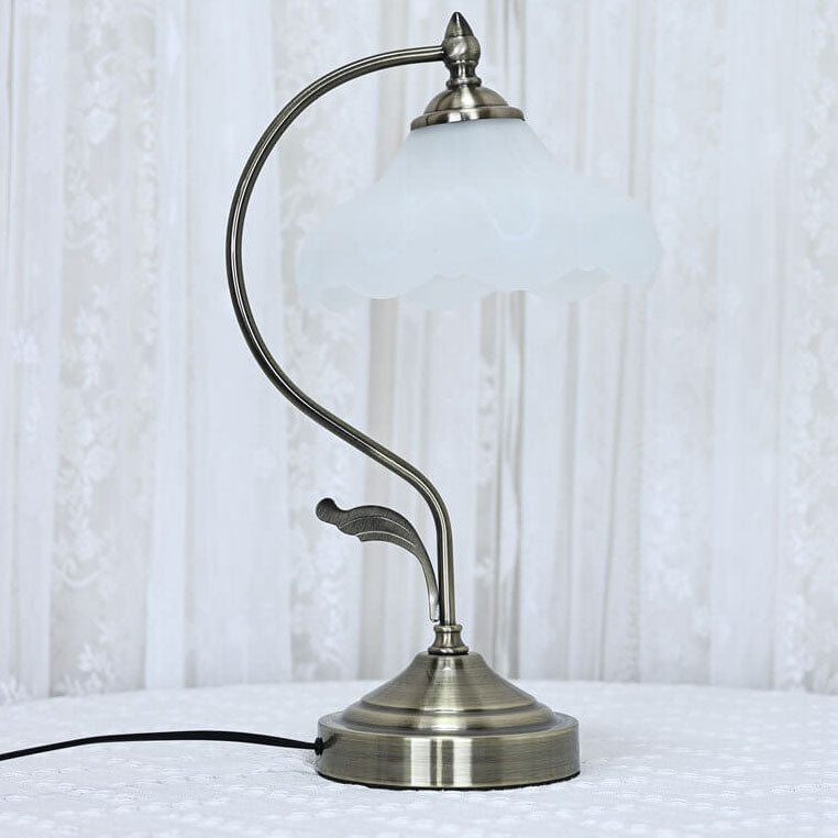 European Vintage Frosted Floral Glass Shade Metal Base 1-Light Table Lamp