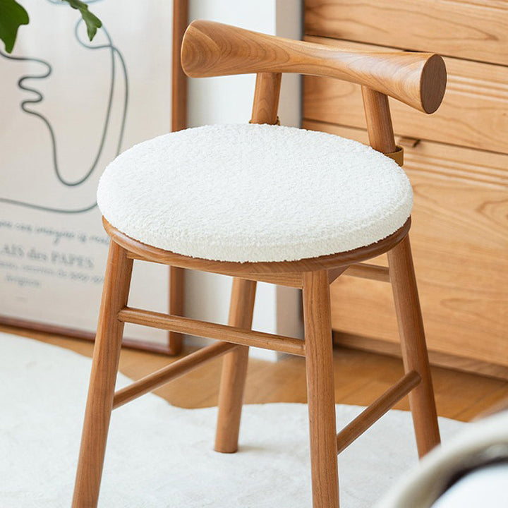 Taburete tocador redondo de madera de estilo moderno y sencillo con tela sherpa, respaldo y reposapiés para dormitorio 