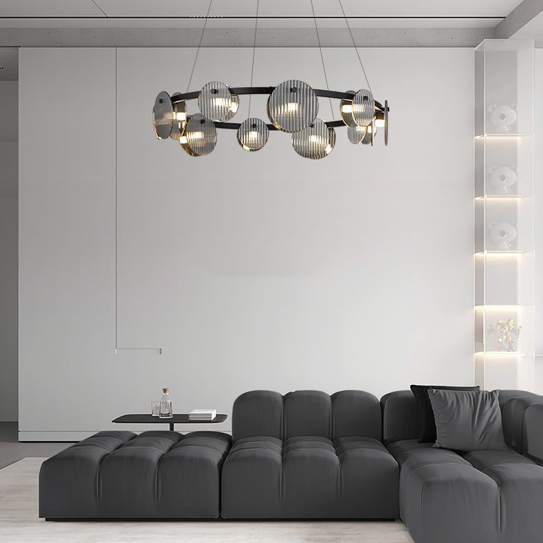 Lámpara de araña LED moderna minimalista de aros de hierro, vidrio y acrílico para salón 