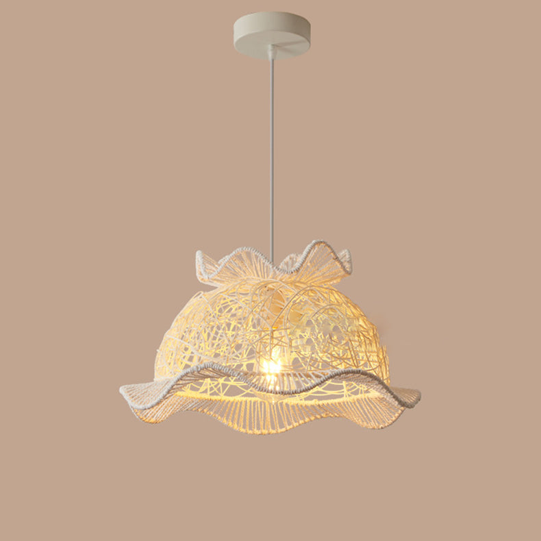 Contemporary Coastal Round Lace Rattan Iron 1-Light Pendant Light For Living Room