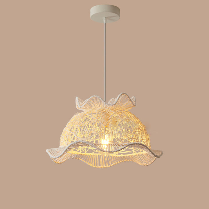 Contemporary Coastal Round Lace Rattan Iron 1-Light Pendant Light For Living Room