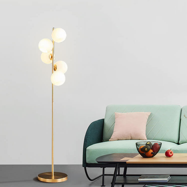 Modern Minimalist Glass Round Ball Gold Long Pole 5-Light Standing Floor Lamp for Living Room