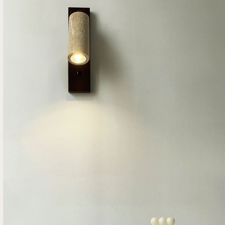 Traditional Japanese Cylinder Rectangle Solid Wood Iron Yellow Travertine 1-Light Wall Sconce Lamp For Bedroom
