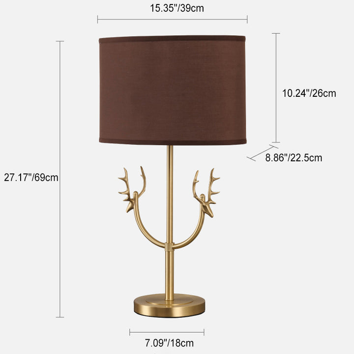 Lámpara de Mesa de 1 Luz con Pantalla de Tela Retro Contemporánea y Cilindro de Latón con Ciervo para Mesita de Noche 