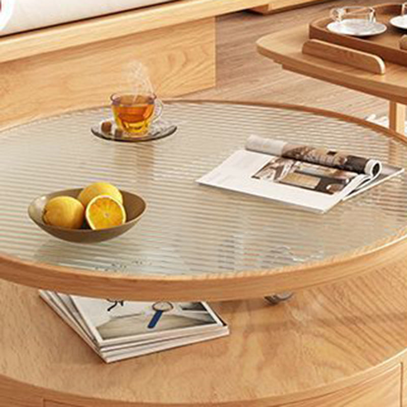 Zeitgenössischer japanischer quadratischer runder Glas-Holz-Beistelltisch 2-stufig für das Wohnzimmer 
