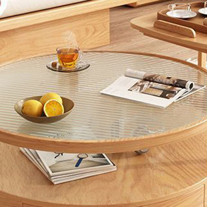Zeitgenössischer japanischer quadratischer runder Glas-Holz-Beistelltisch 2-stufig für das Wohnzimmer 