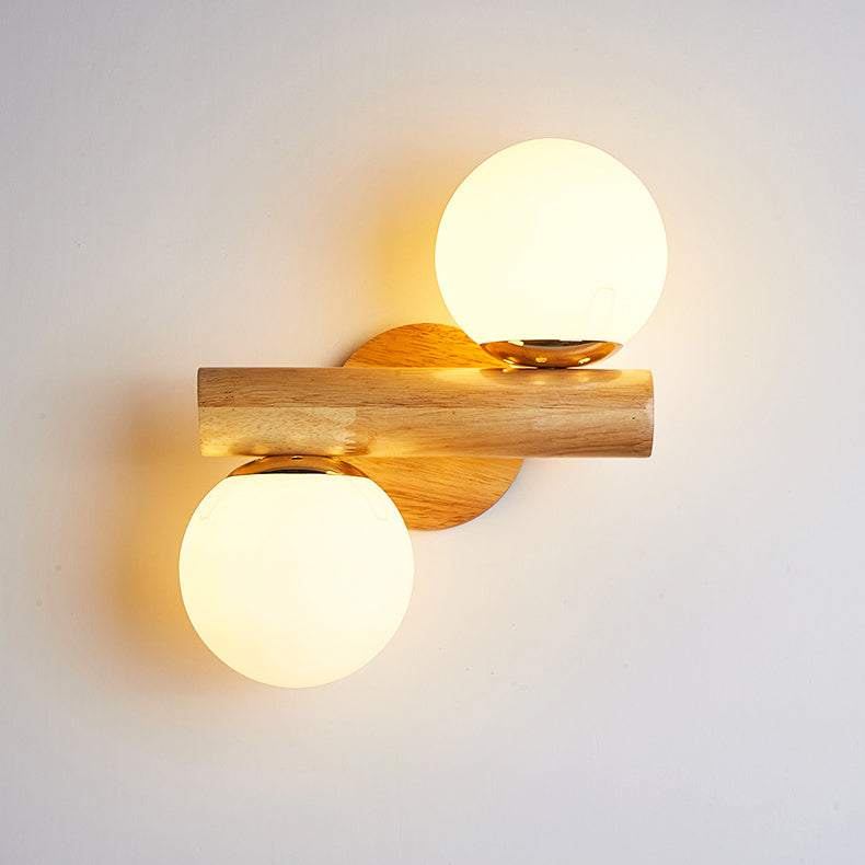 Applique murale à 2 lumières avec verre, matériel en bois, orbe cylindrique minimaliste moderne pour chambre 