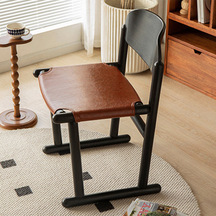 Traditional Vintage Square Oval Oiled Wax Leather Wood Dining Chair Backrest Armless For Dining Room