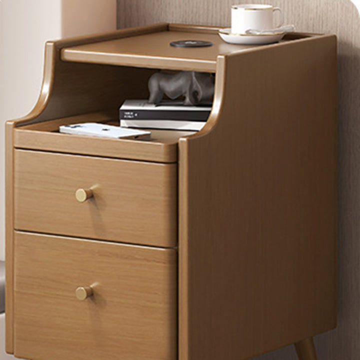 Moderner minimalistischer schmaler rechteckiger Nachttisch aus Holz mit 2 Schubladen für das Schlafzimmer 