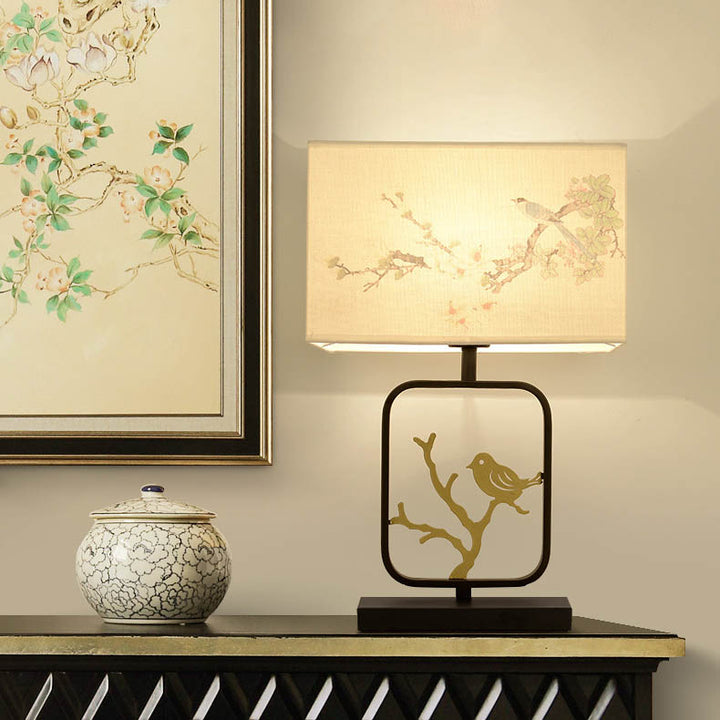 Lampe de table à 1 lumière en fer forgé chinois traditionnel avec abat-jour en tissu pour chambre 