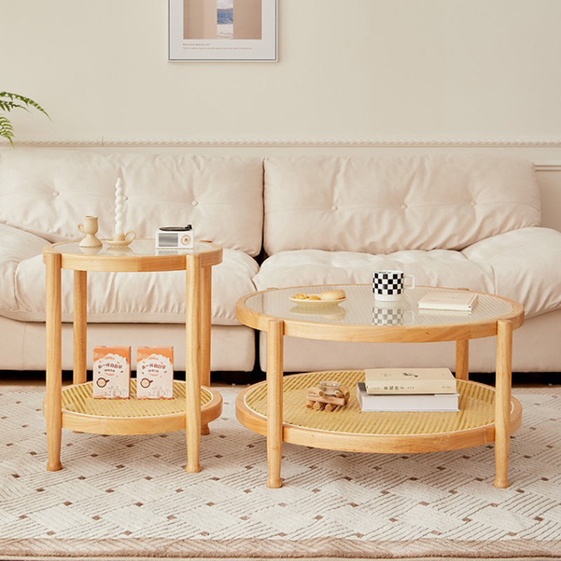 Table basse ronde minimaliste moderne en hévéa avec plateau en verre et faux rotin, à 2 niveaux, pour salon 